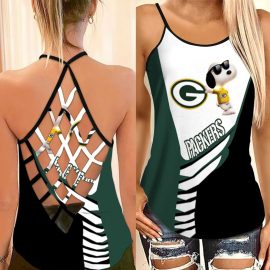 Green Bay Packers Cute Snoopy Kit Pattern Criss Cross Tanktop