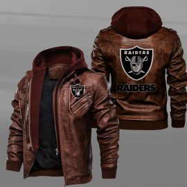 Oakland Raiders Black Leather Jacket With Removable Hood With Removable Hood