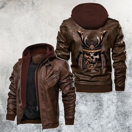 Samurai Skull Golden Battle Mask Motorcycle Leather Jacket With Removable Hood
