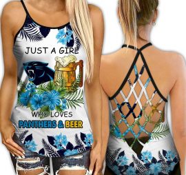Gift For Wife Gift For Her Carolina Panthers Girl NFL Active Workout Criss Cross Tank Top