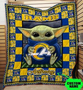 Los Angeles Rams Baby Yoda Custom Name Fleece Quilt Blanket