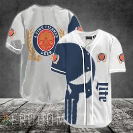 Gift For Him Gift For Husband Navy Skull Miller Lite Baseball Jersey