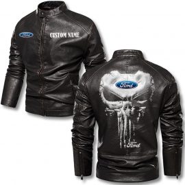Custom Name Punisher Skull Ford Motor Company Personalized Stand Collar Leather Jacket Warm Jacket Winter Outer Wear