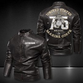 Personalized Stand Collar Leather Jacket U.S Marine