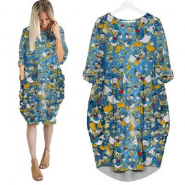 Donald Duck Blue Glitter Cute Disney Cartoon Summer Vacation Women Girls Batwing Pocket Dress LP20