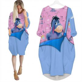 Eeyore Donkey Pattern Cute Disney Cartoon Summer Vacation Women Girls Batwing Pocket Dress LP3