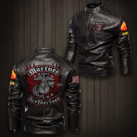 Marines Brotherhood Distressed Rocker Foil Stamp Stand Collar Leather Jacket LP4