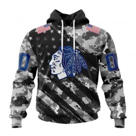 Personalized Chicago Unique BlackHawks Grey Camo Military And USA Flags On Shoulder