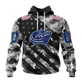Personalized Columbus Blue Jackets Grey Camo Military Design And USA Flags On Shoulder