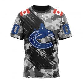 Personalized Vancouver Canucks Grey Camo Military And USA Flags On Shoulder