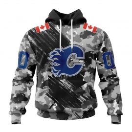 Personalized Calgary Flames Grey Camo Military And USA Flags On Shoulder
