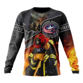 Personalized Columbus Blue Jackets Firefighter We Will Never Forget Long Sleeve