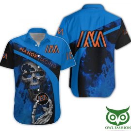 Manor Racing Black Blue Design Racing Style Unique Short Sleeve Button Shirt I