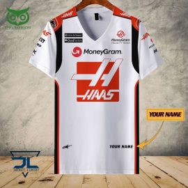 Haas Team White Red Design Racing Style Unique Short Sleeve Button Shirt I